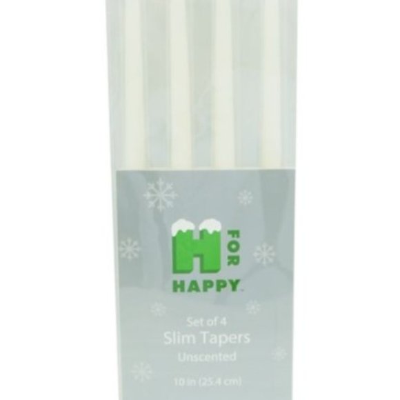 H for Happy Unscented Slim Taper Candles Ivory Set of 4 Long Burning Warm Glow - Picture 1 of 2